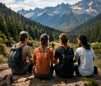 Illustrative hikers overlooking an alpine valley